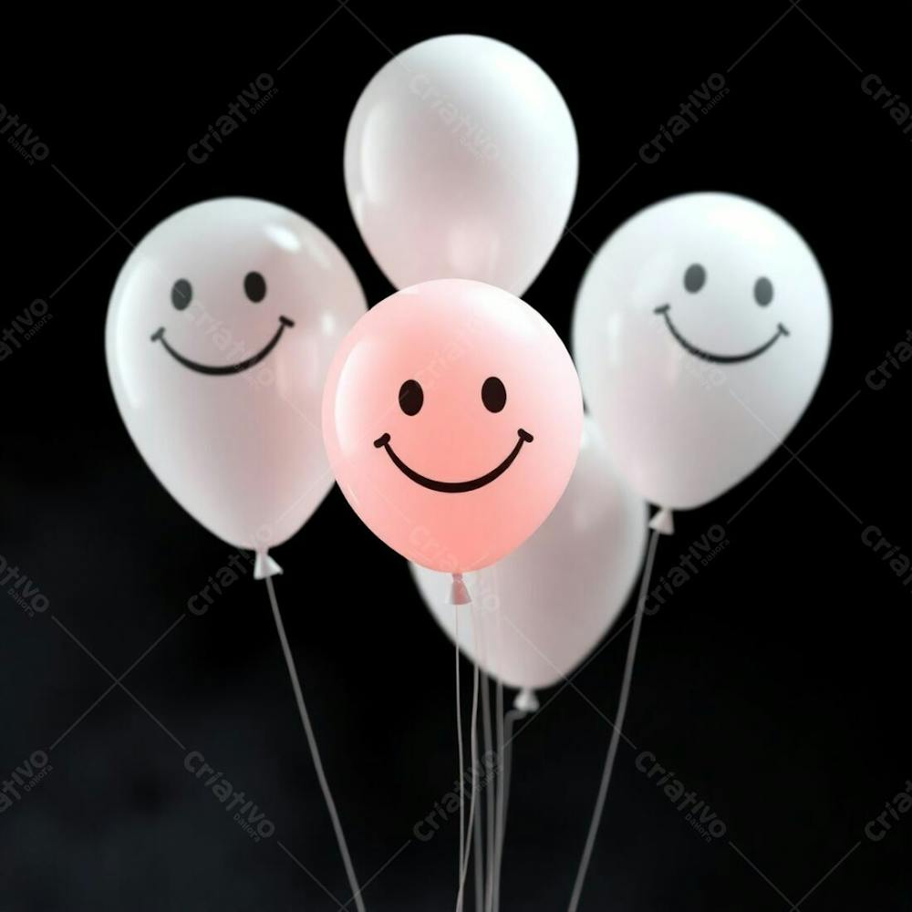 Commercial Quality, High Resolution Stock Photo 3D Rendered White Balloons With A Simple Smiling Emoji Design. The Image Employs A Deep Black Background, Soft Cinematic Haze, And Vibrant Complementary Colors. T