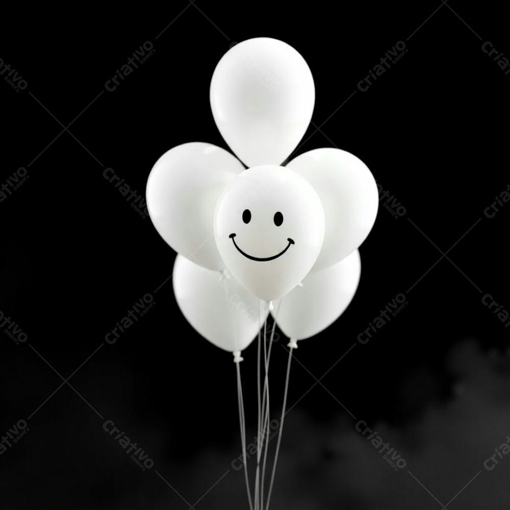 Commercial Quality, High Resolution Stock Photo 3D Rendered White Balloons Adorned With A Hand Drawn Smiling Emoji, Set Against A Stark Black Background. Soft Cinematic Lighting, Balanced Tones, Soft Focus, Hazy B