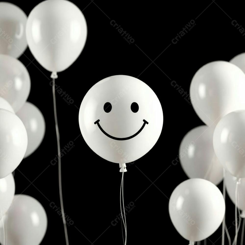 Commercial Quality, High Resolution Stock Photo. White 3D Rendered Balloons With A Simple, Hand Drawn Smiling Emoji Are The Focal Point, Set Against A Deep Black Background. The Image Features A Soft Cinematic Ha