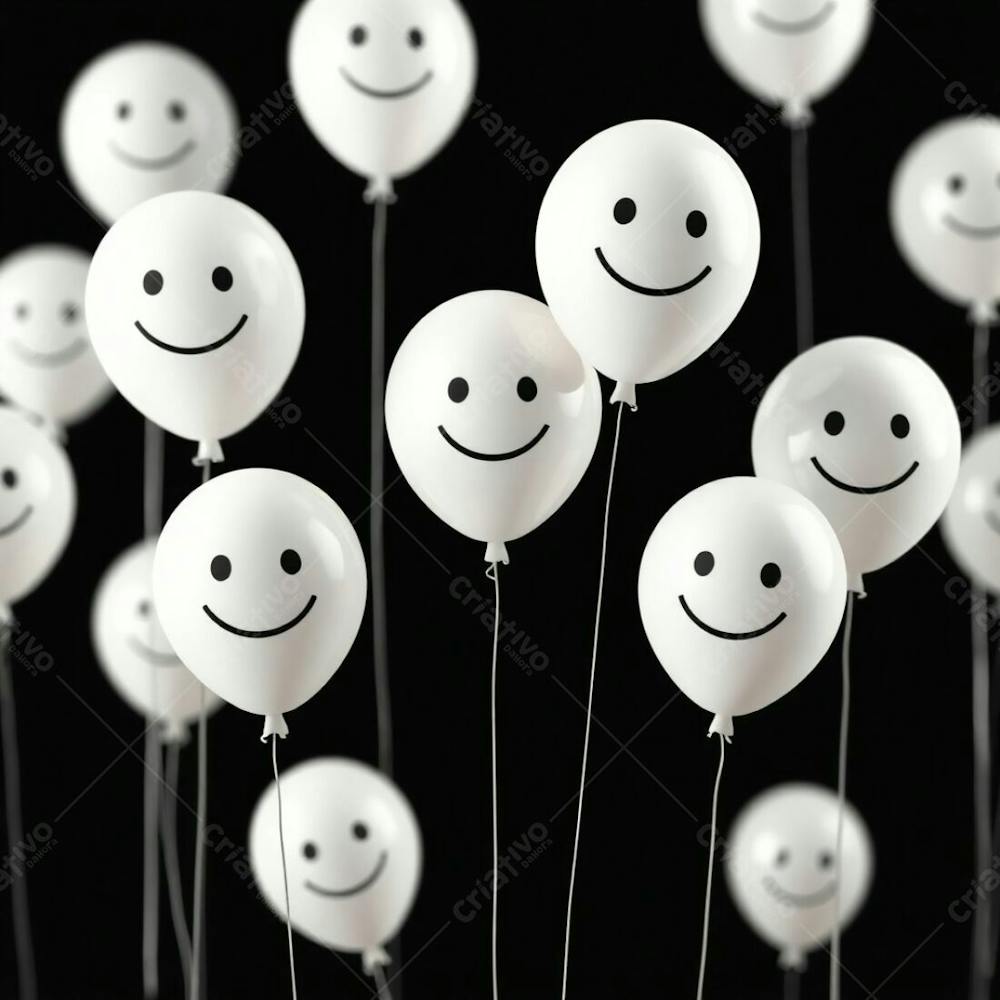 High Resolution Commercial Stock Photo Graceful And Elegant Image Of 3D Rendered White Balloons, Each Adorned With A Simple Smiling Emoji. Set Against A Totally Black Background, The Scene Is Bathed In A Soft Ci