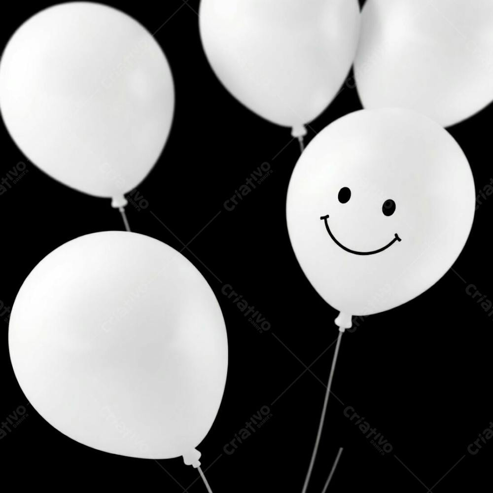 High Resolution Stock Photo 3D Rendered White Balloons With A Simple, Hand Drawn Smiling Emoji, Set Against A Black Background. The Image Showcases Soft Cinematic Haze, Vibrant Complementary Colors, And Balanced