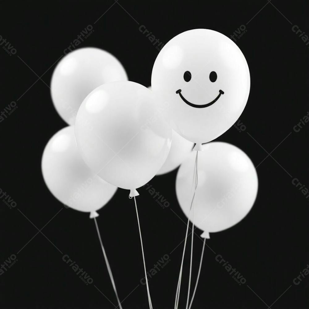 High Resolution Stock Photo 3D Rendered White Balloons Featuring A Simple Smiling Emoji, Set Against A Completely Black Background. Soft Cinematic Haze, Balanced Tones, Vibrant Colors, Soft Focus. Professional,