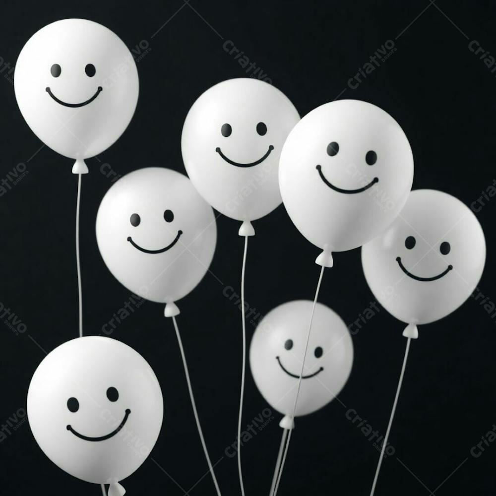 High Resolution Stock Photo 3D Rendered White Balloons, Each With A Simple Smiling Emoji, On A Black Background. Soft Cinematic Haze, Balanced Tones, Vibrant Complementary Colors, Soft Focus. Professional, Comme