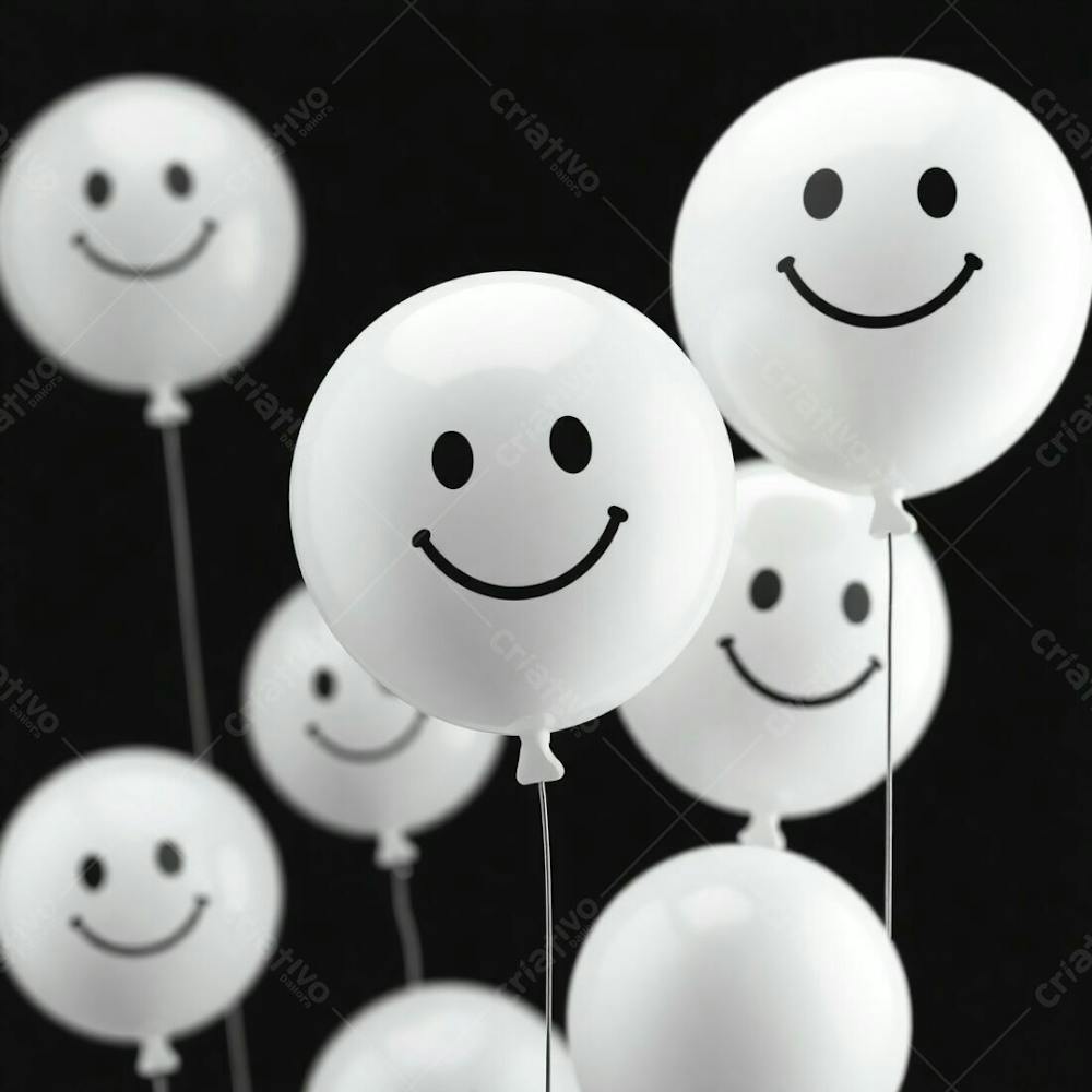 High Resolution Stock Photo 3D Rendered White Balloons, Each With A Simple Smiling Emoji, Set Against A Jet Black Background. The Image Should Evoke A Refined, Elegant Feel With A Soft Cinematic Haze, Vibrant Co