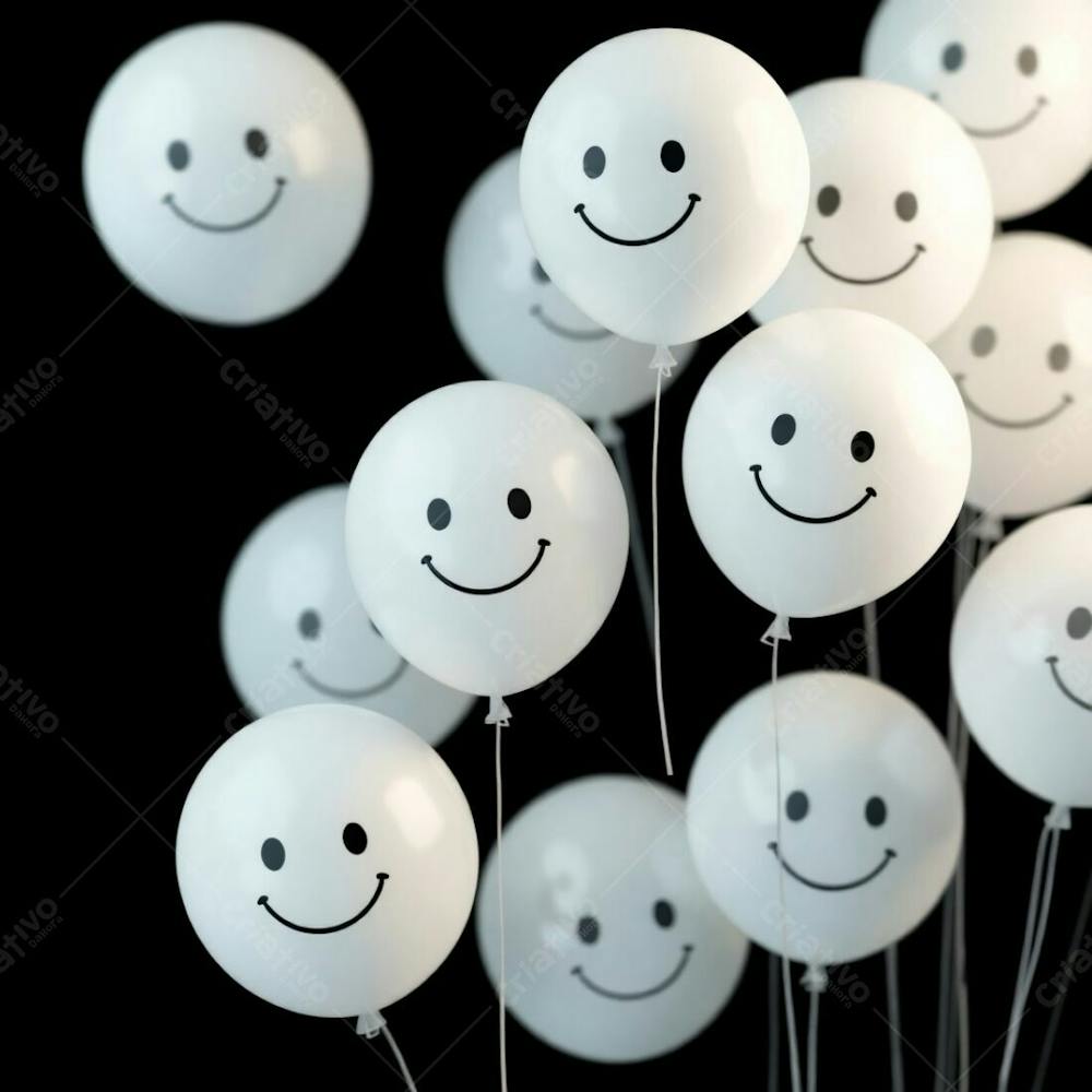 High Resolution Stock Photo A Commercially Viable Image Of 3D Rendered White Balloons Against A Black Background. Each Balloon Displays A Simple, Hand Drawn Smiling Emoji. The Image Must Feature Soft Cinematic