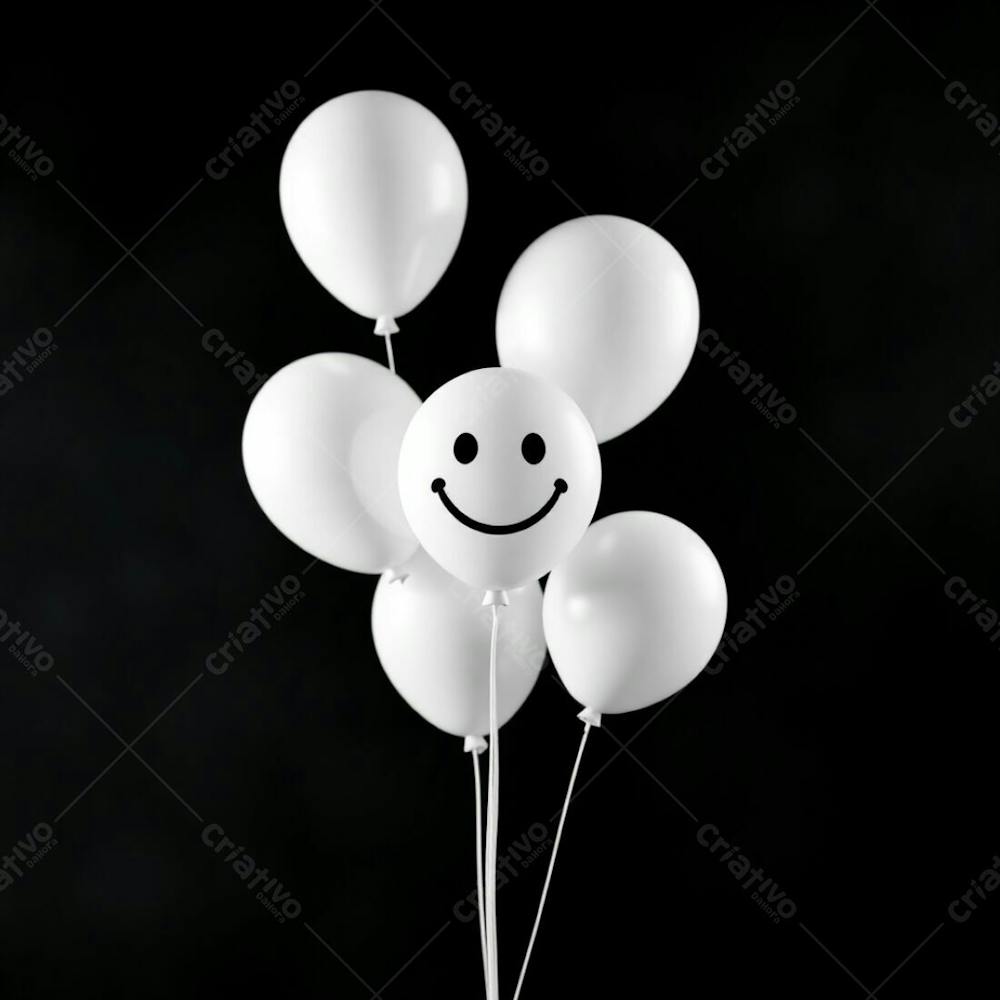 High Resolution Stock Photo A Professional Quality Image Of 3D Rendered White Balloons With A Simplistic Smiling Emoji. The Background Is Solid Black, Enhanced With A Soft Cinematic Haze. Vibrant, Complementary