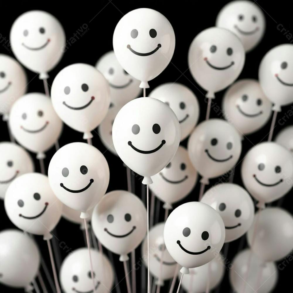 High Resolution Stock Photo Focus On A Cluster Of 3D Rendered White Balloons, Each Adorned With A Simple, Smiling Emoji. The Background Is Entirely Black, Enhancing The Vibrant Colors And Soft Cinematic Haze. Th