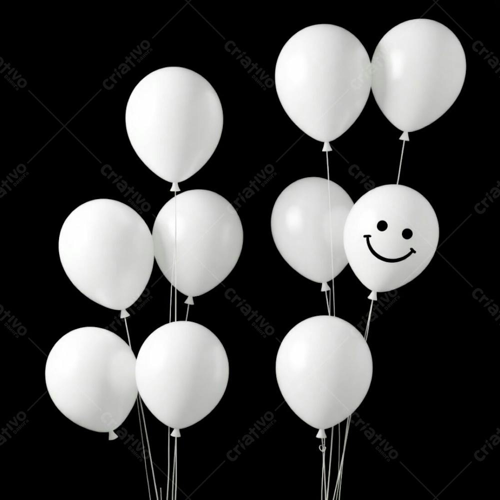 High Resolution Stock Photo White 3D Rendered Balloons With A Simple Smiling Emoji, Set Against A Black Background. Soft Cinematic Haze, Balanced Tones, Soft Focus. Vibrant, Contrasting, Complementary Colors. Ele