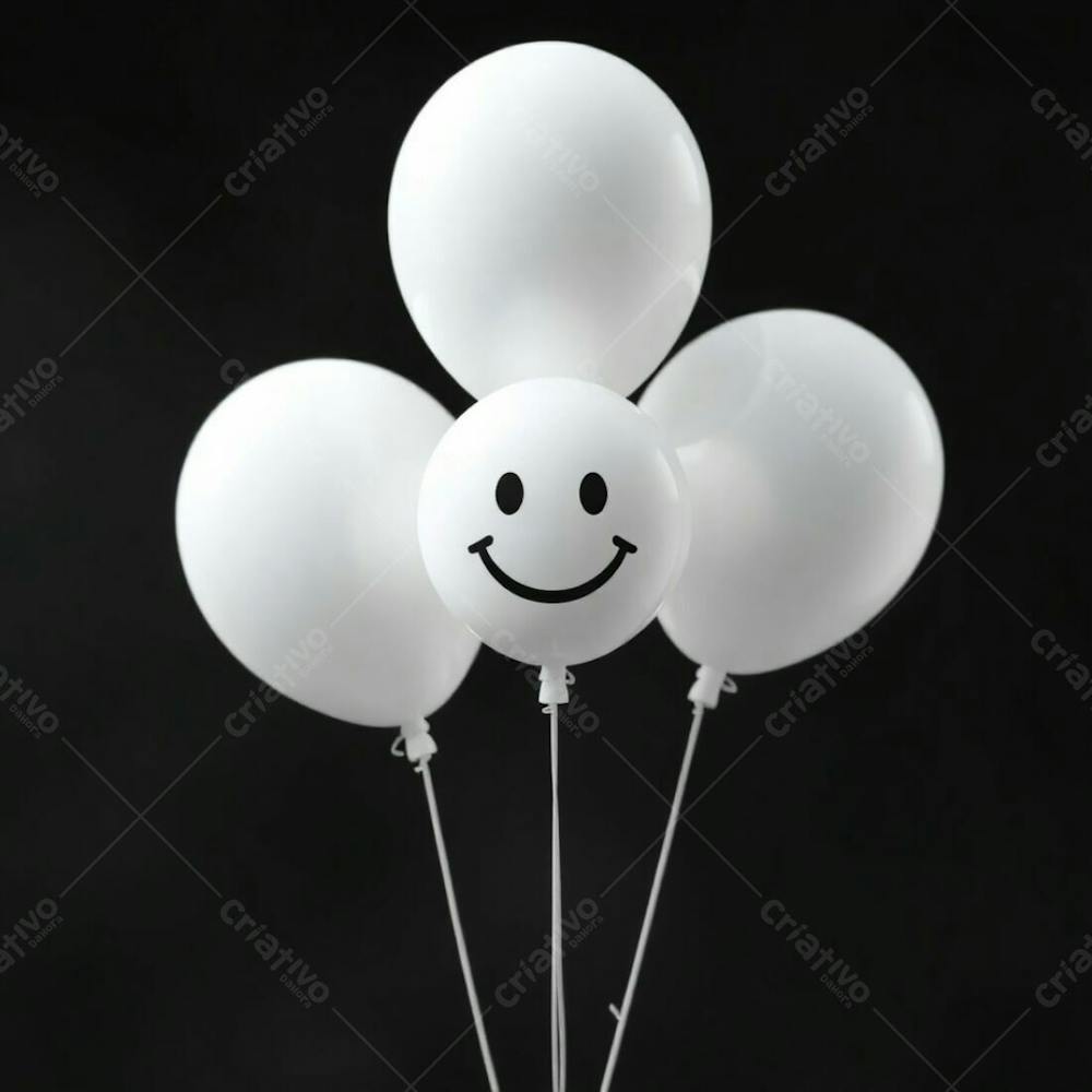 High Resolution Stock Photo 3D Rendered White Balloons Featuring A Simple Smiling Emoji, Set Against A Completely Black Background. Soft Cinematic Haze, Vibrant Complementary Colors. Contrasting Colors, Balanced