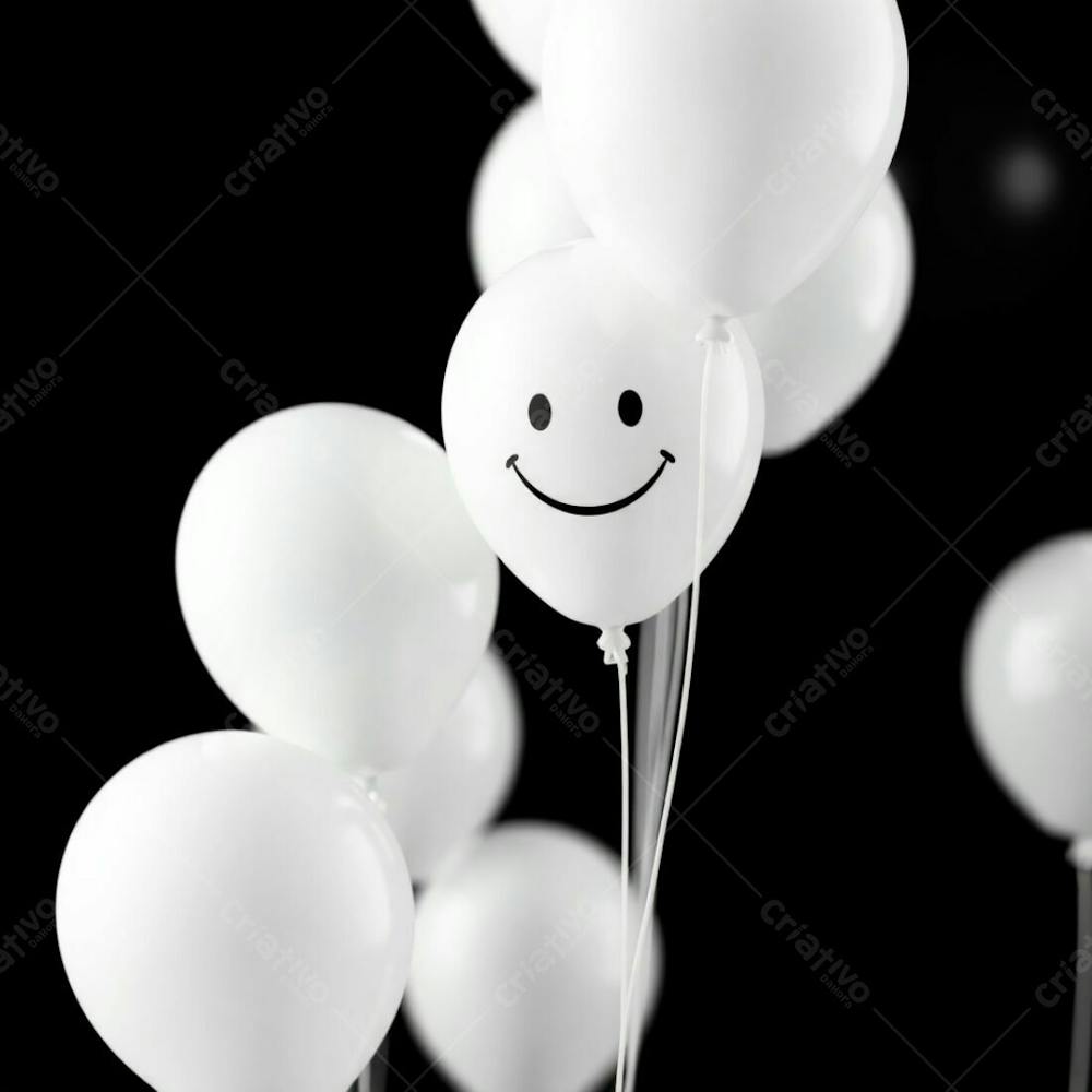 High Resolution Stock Photo 3D Rendered White Balloons Featuring A Simple, Hand Drawn Smiling Emoji. A Totally Black Background Provides Strong Contrast. The Image Should Have A Soft Cinematic Haze With Vibrant,