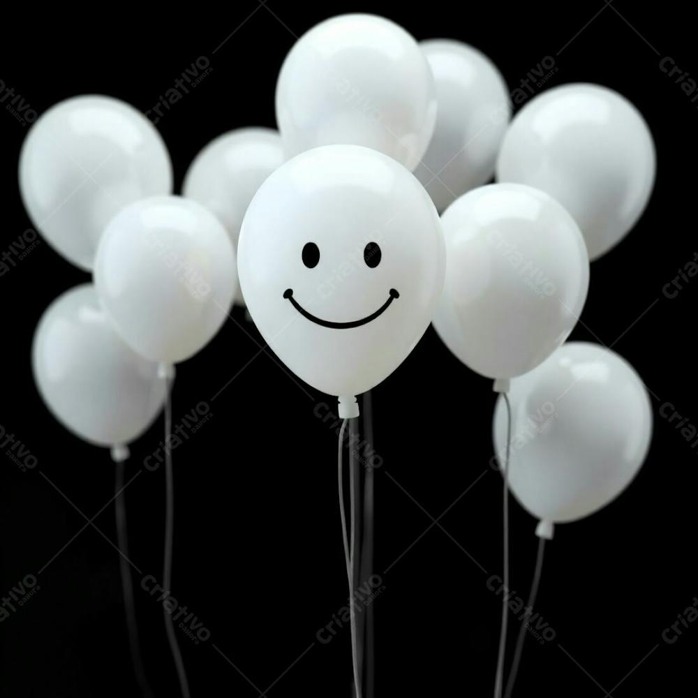 High Resolution Stock Photo 3D Rendered White Balloons With A Hand Drawn Smiling Emoji Against A Pure Black Background. Soft Cinematic Haze, Vibrant Complementary Colors, Contrasting Tones, Soft Focus, Hazy Backgr