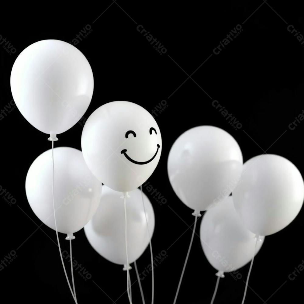 High Resolution Stock Photo 3D Rendered White Balloons With A Hand Drawn Smiling Emoji, Against A Pure Black Background. Soft Cinematic Haze, Vibrant Complementary Colors, Contrasting Tones, Soft Focus, Hazy Backg