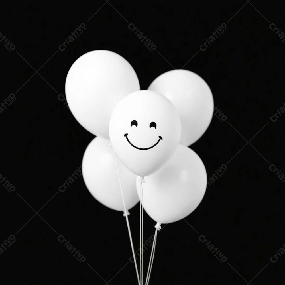 High Resolution Stock Photo Depicting White 3D Rendered Balloons Featuring A Simple Hand Drawn Smiling Emoji. The Background Is Solid Black, Providing A Stark Contrast. The Image Uses A Soft Cinematic Haze Effect,