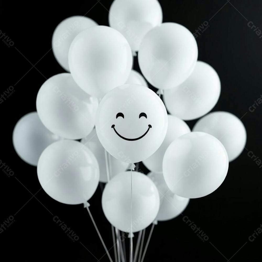 High Resolution Stock Photo 3D Rendered White Balloons With A Simple, Hand Drawn Smiling Emoji Against A Pure Black Background. Soft Cinematic Haze, Vibrant Complementary Colors And Balanced Tones Create A Soft F