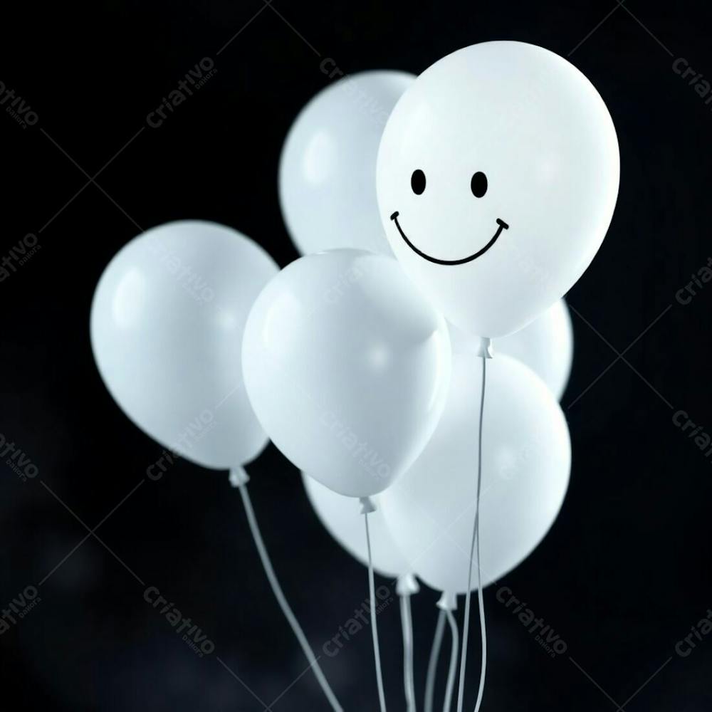 High Resolution Stock Photo Graceful And Elegant Image Of 3D Rendered White Balloons Adorned With A Hand Drawn Smiling Emoji, Set Against A Deep Black Background. Soft Cinematic Haze, Vibrant Complementary Colors