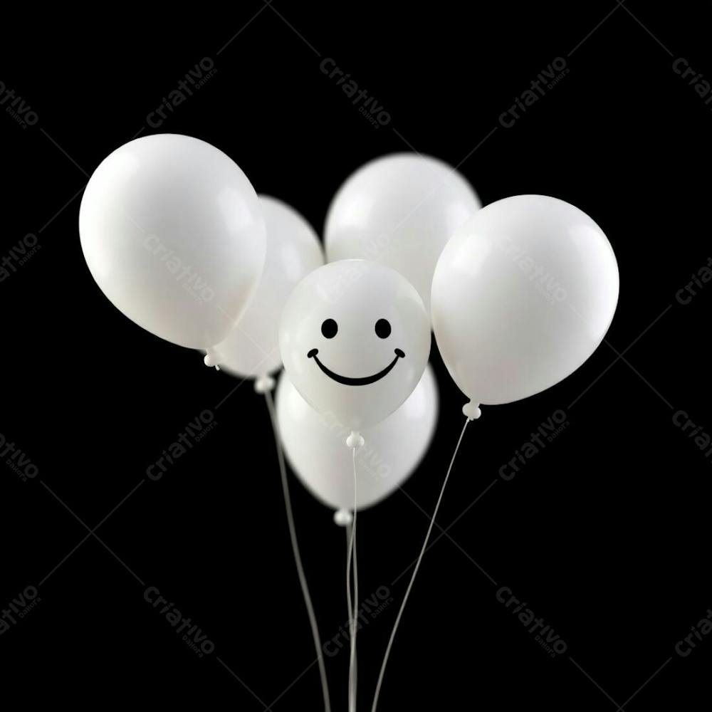 High Resolution Stock Photo Graceful And Elegant Image Of 3D Rendered White Balloons With A Simple Smiling Emoji, Set Against A Black Background. Soft Cinematic Haze, Vibrant Complimentary Colors, Contrasting Tone