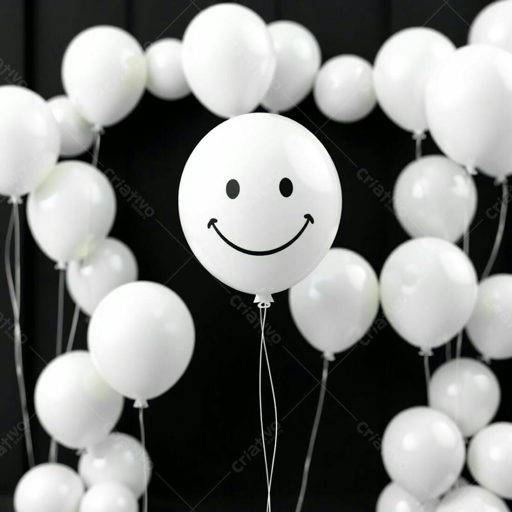 High Resolution Stock Photo Of 3D Rendered White Balloons Adorned With A Hand Drawn Smiling Emoji Against A Black Backdrop. The Image Is Characterized By A Soft Cinematic Haze, Vibrant And Complementary Colors, Ba