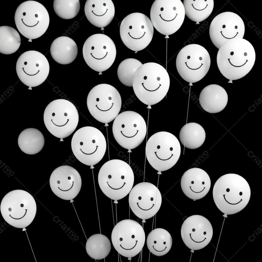 High Resolution Stock Photo Of 3D Rendered White Balloons Against A Totally Black Background. Each Balloon Has A Simple Hand Drawn Smiling Emoji. The Image Style Is Commercial, Professional, With A Soft Cinematic