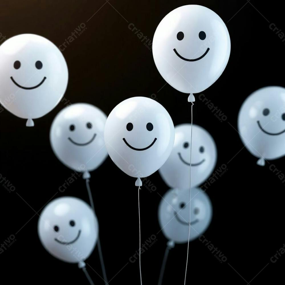 High Resolution Stock Photo Of 3D Rendered White Balloons, Each With A Simple Smiling Emoji, Against A Pitch Black Background. The Image Emphasizes Soft Focus And A Hazy Cinematic Effect, Utilizing Vibrant Comple