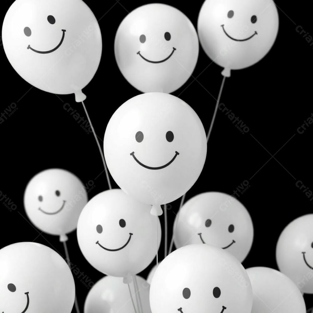 High Resolution Stock Photo Of Glossy White 3D Rendered Balloons, Each Adorned With A Simple Hand Drawn Smiling Emoji. The Balloons Are Sharply Contrasted Against A Completely Black Background. The Overall Aesthe