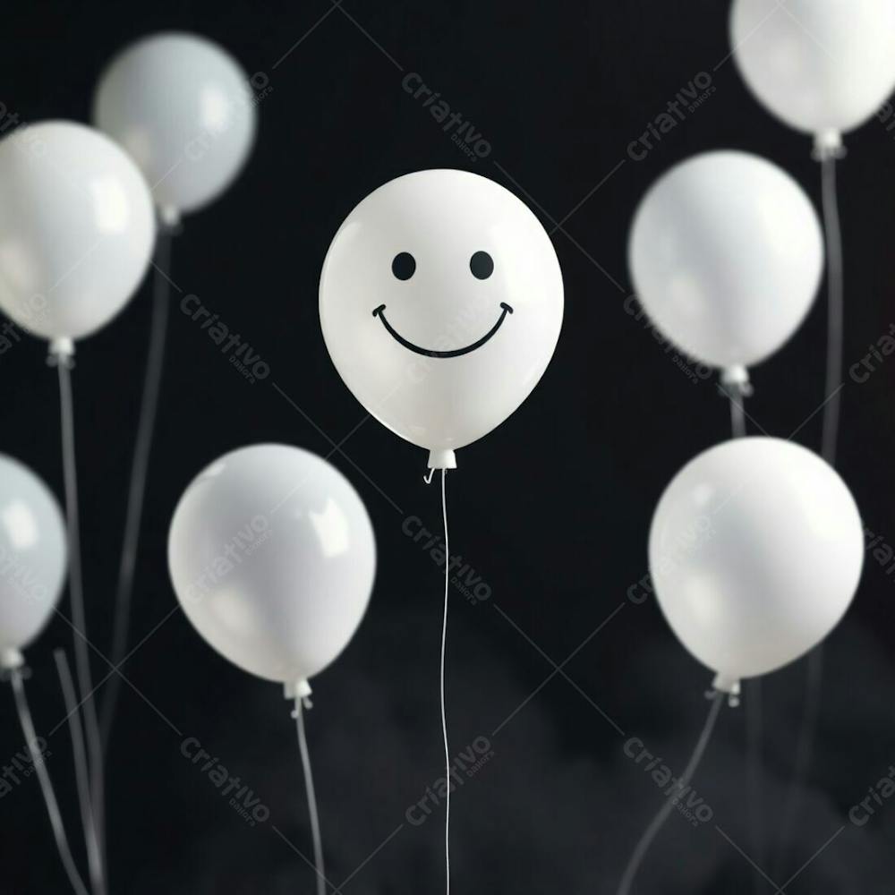 High Resolution Stock Photo Of White 3D Rendered Balloons With A Hand Drawn Smiling Emoji, Set Against A Completely Black Background. Soft Cinematic Haze, Vibrant Complementary Colors, Contrasting Tones, Soft Foc