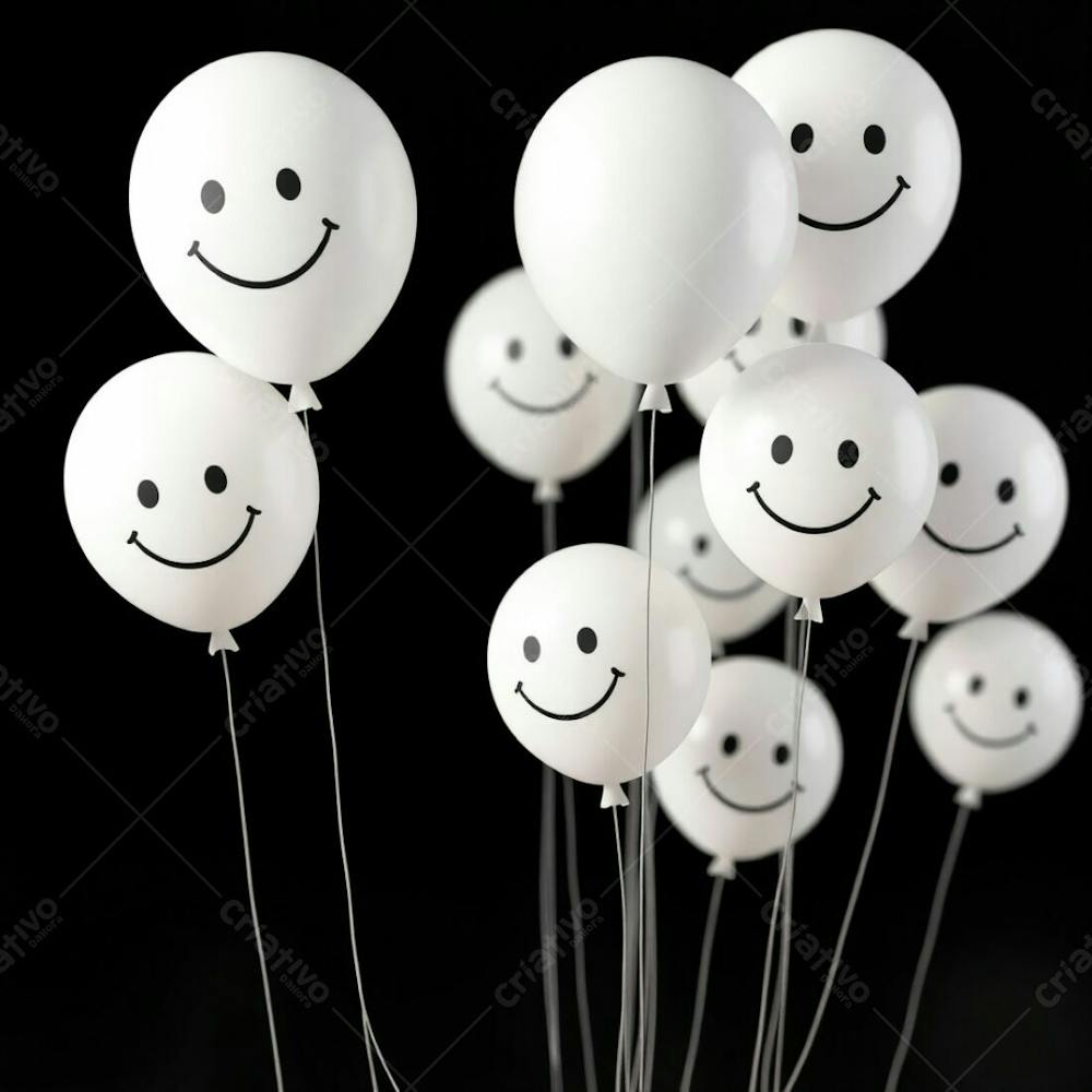 High Resolution Stock Photo Several 3D Rendered White Balloons, Each With A Hand Drawn Smiling Emoji, On A Black Background. Soft Cinematic Lighting, Balanced Tones, Soft Focus, Hazy Background. Vibrant, Complimen