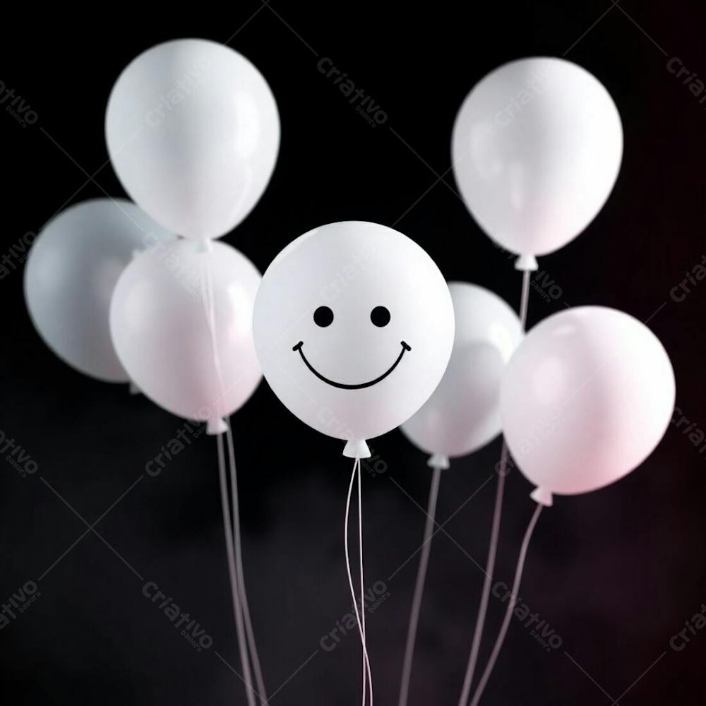 High Resolution Stock Photo Soft Cinematic Haze, Vibrant Complementary Colors. 3D Rendered White Balloons With A Hand Drawn Smiling Emoji, Set Against A Completely Black Background. Contrasting Colors, Balan