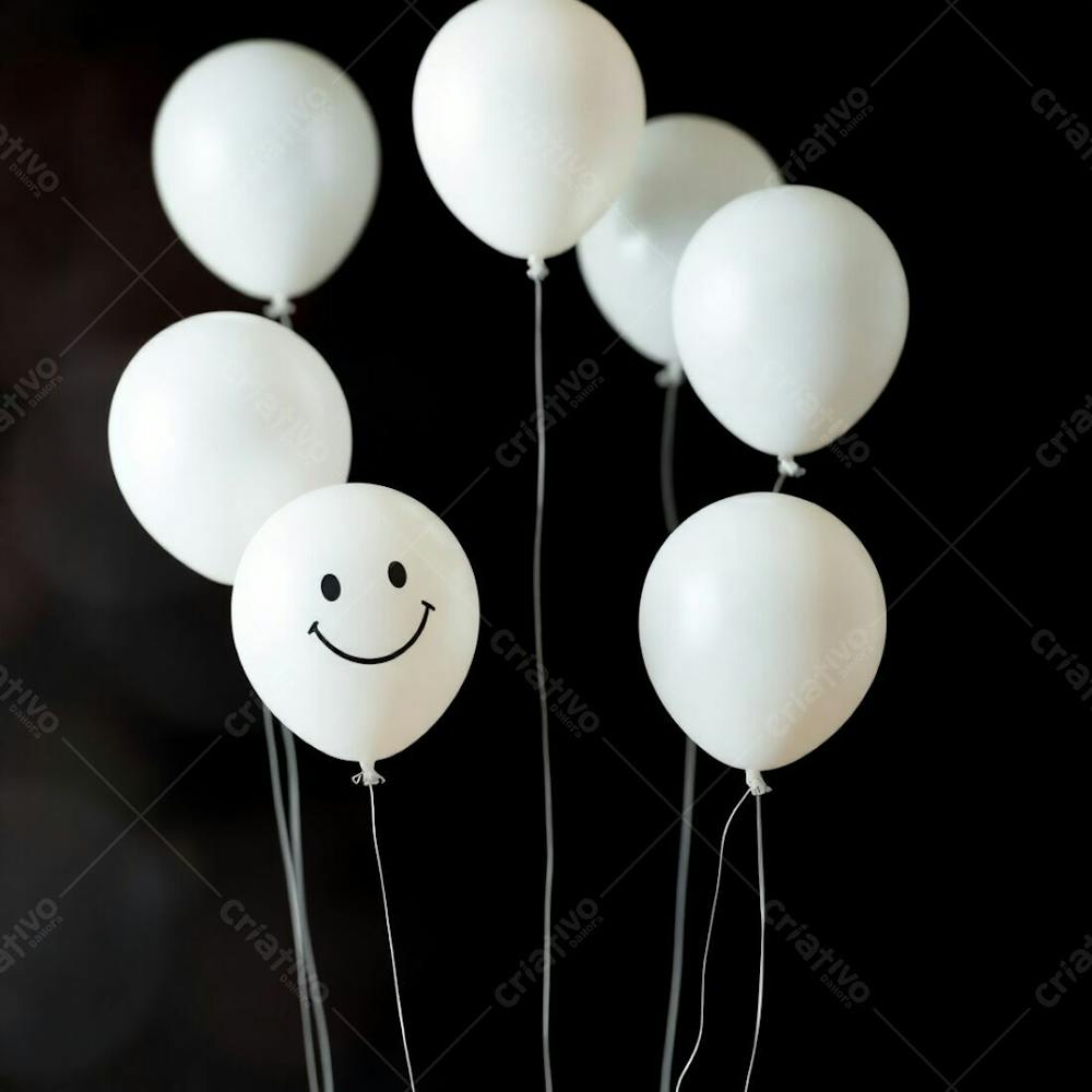 High Resolution Stock Photo Soft Cinematic Haze, Vibrant Complementary Colors. 3D Rendered White Balloons With A Hand Drawn Smiling Emoji, Set Against A Completely Black Background. Contrasting Colors, Balan