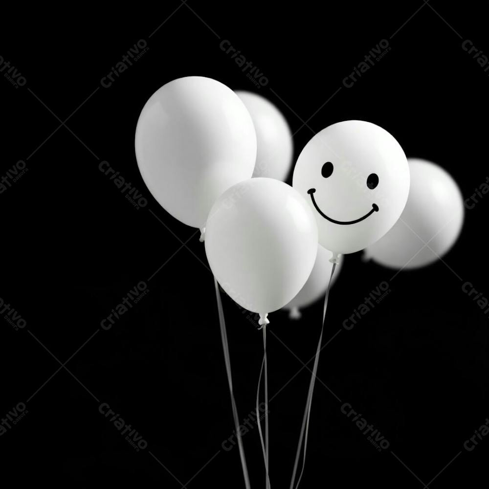 High Resolution Stock Photo Soft Cinematic Haze, Vibrant Complementary Colors. 3D Rendered White Balloons With A Hand Drawn Smiling Emoji, Set Against A Completely Black Background. Contrasting Colors, Balan