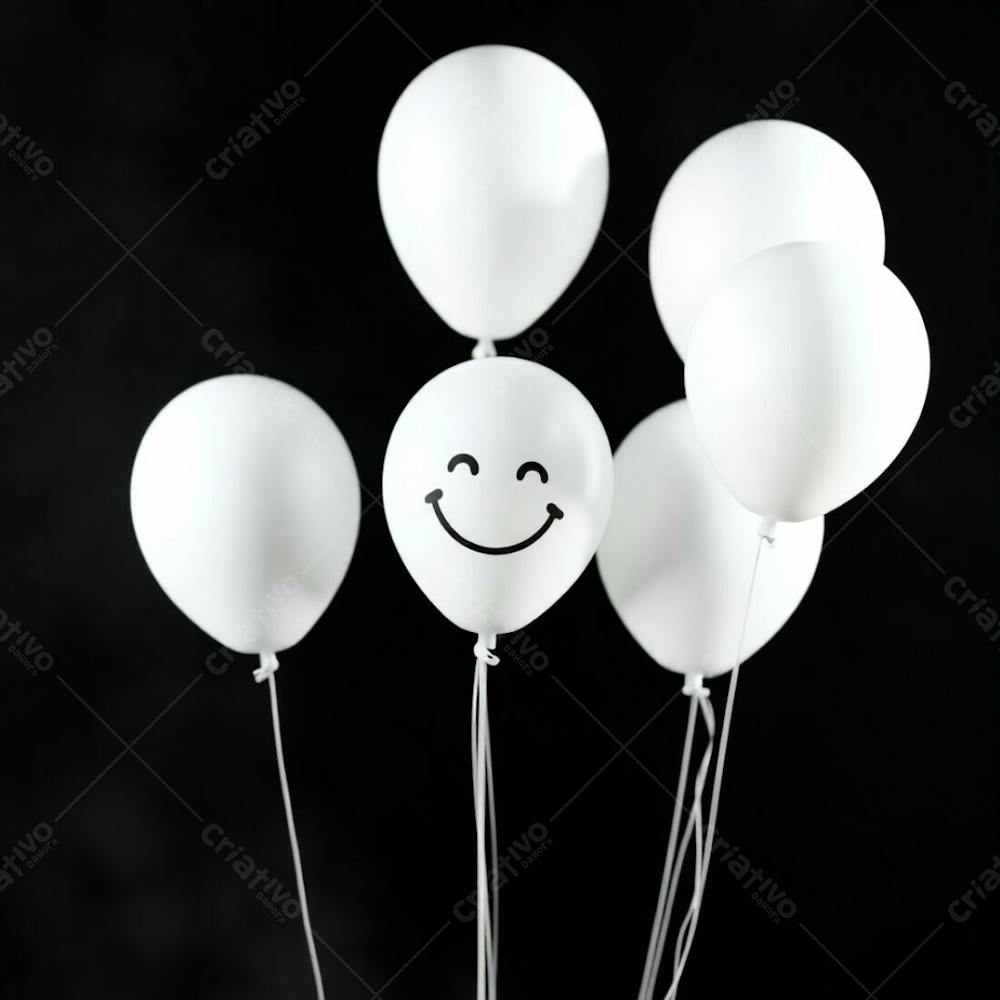 High Resolution Stock Photo Soft Cinematic Haze, Vibrant Complementary Colors. 3D Rendered White Balloons With A Hand Drawn Smiling Emoji, Set Against A Completely Black Background. Contrasting Colors, Balan