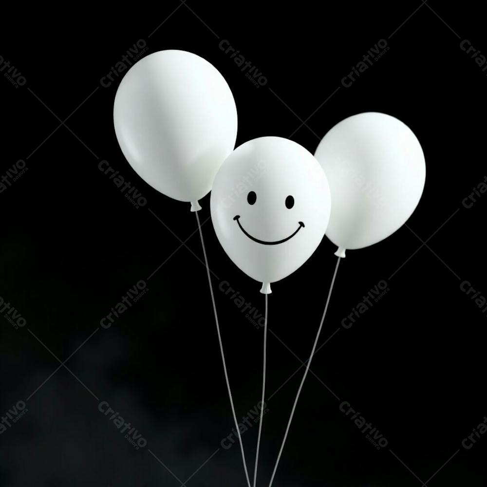 High Resolution Stock Photo Soft Cinematic Haze, Vibrant Complementary Colors. 3D Rendered White Balloons With A Hand Drawn Smiling Emoji, Set Against A Completely Black Background. Contrasting Colors, Balan