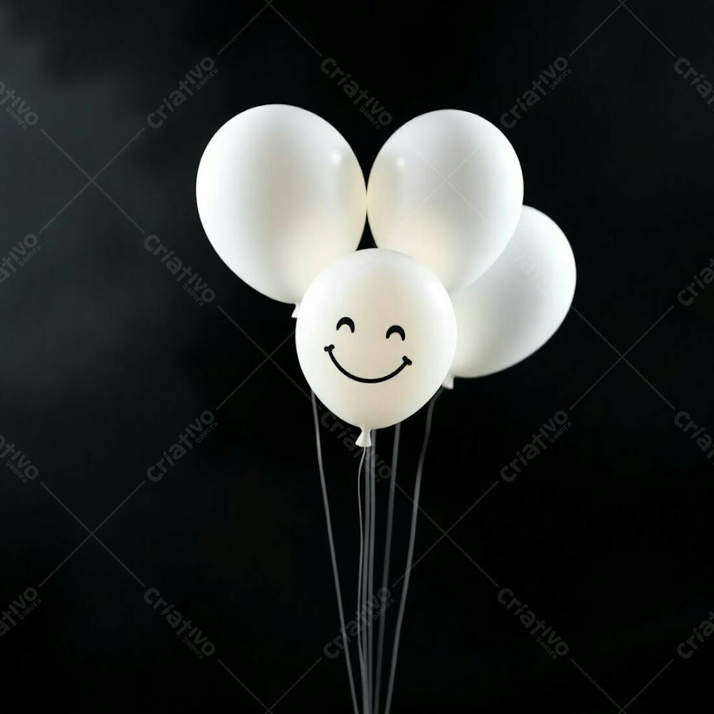 High Resolution Stock Photo Soft Cinematic Haze, Vibrant Complementary Colors. 3D Rendered White Balloons With A Hand Drawn Smiling Emoji, Set Against A Completely Black Background. Contrasting Colors, Balan