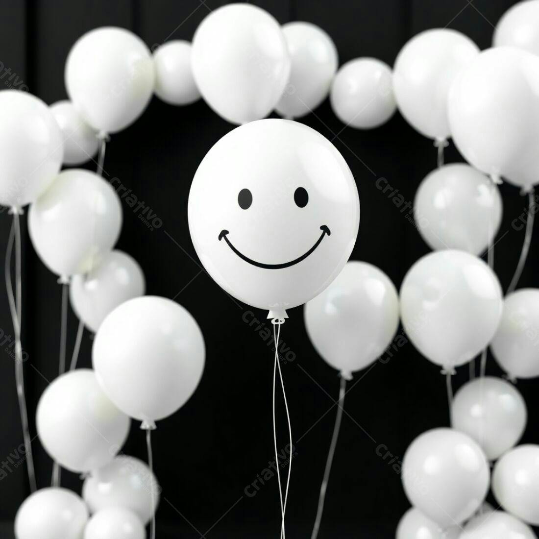 Balão sorrindo em meio a balões brancos