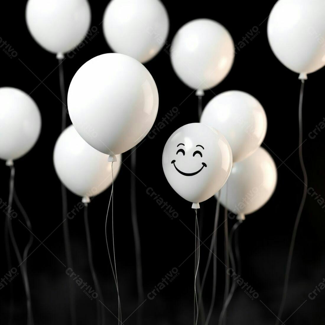 Balão feliz entre balões brancos