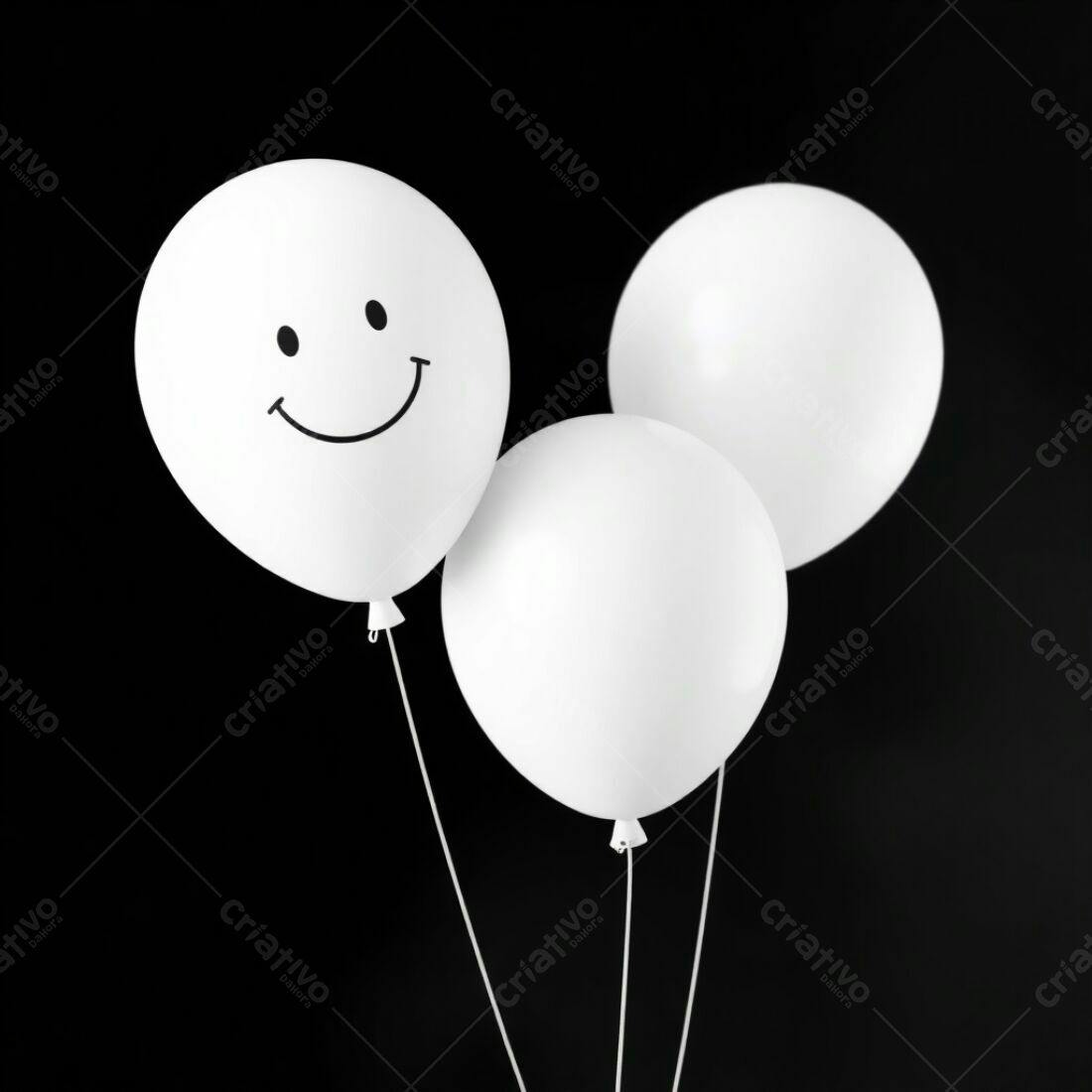 Três balões brancos fundo preto um com sorriso
