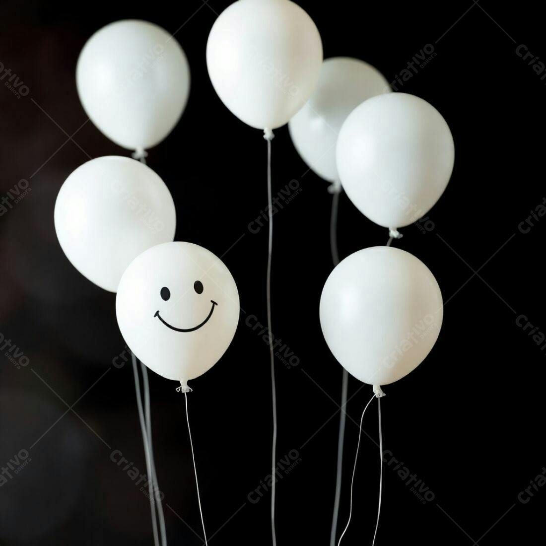 Balão com sorriso entre balões brancos