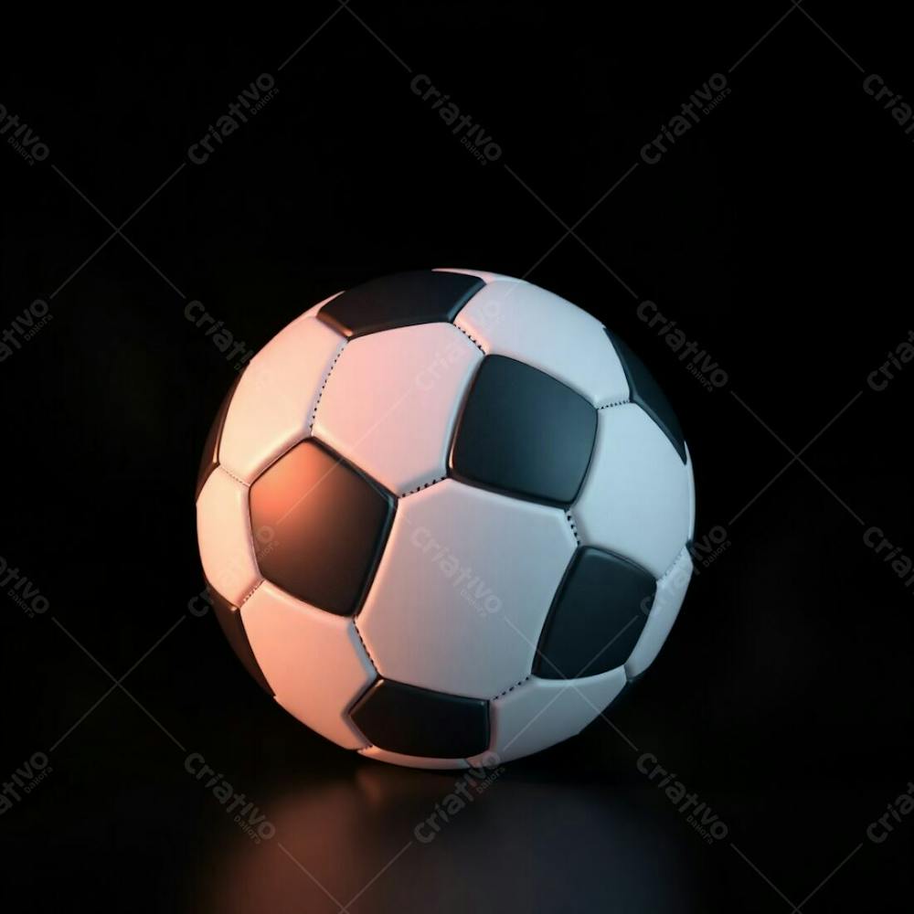 High Resolution Stock Photo Of A 3D Rendered, Ultrarealistic Soccer Ball Against A Black Background. Soft Cinematic Haze, Pastel Colors, Gentle And Soothing Aesthetic. Soft Focus, Hazy Background, Graceful And Elegan