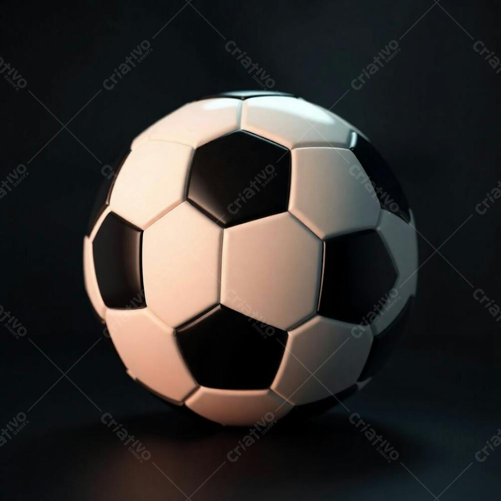 High Resolution Stock Photo Of A 3D Rendered, Ultrarealistic Soccer Ball Against A Black Background. Soft Cinematic Haze, Pastel Colors, Gentle And Soothing Aesthetic. Soft Focus, Hazy Background, Graceful And Elegan