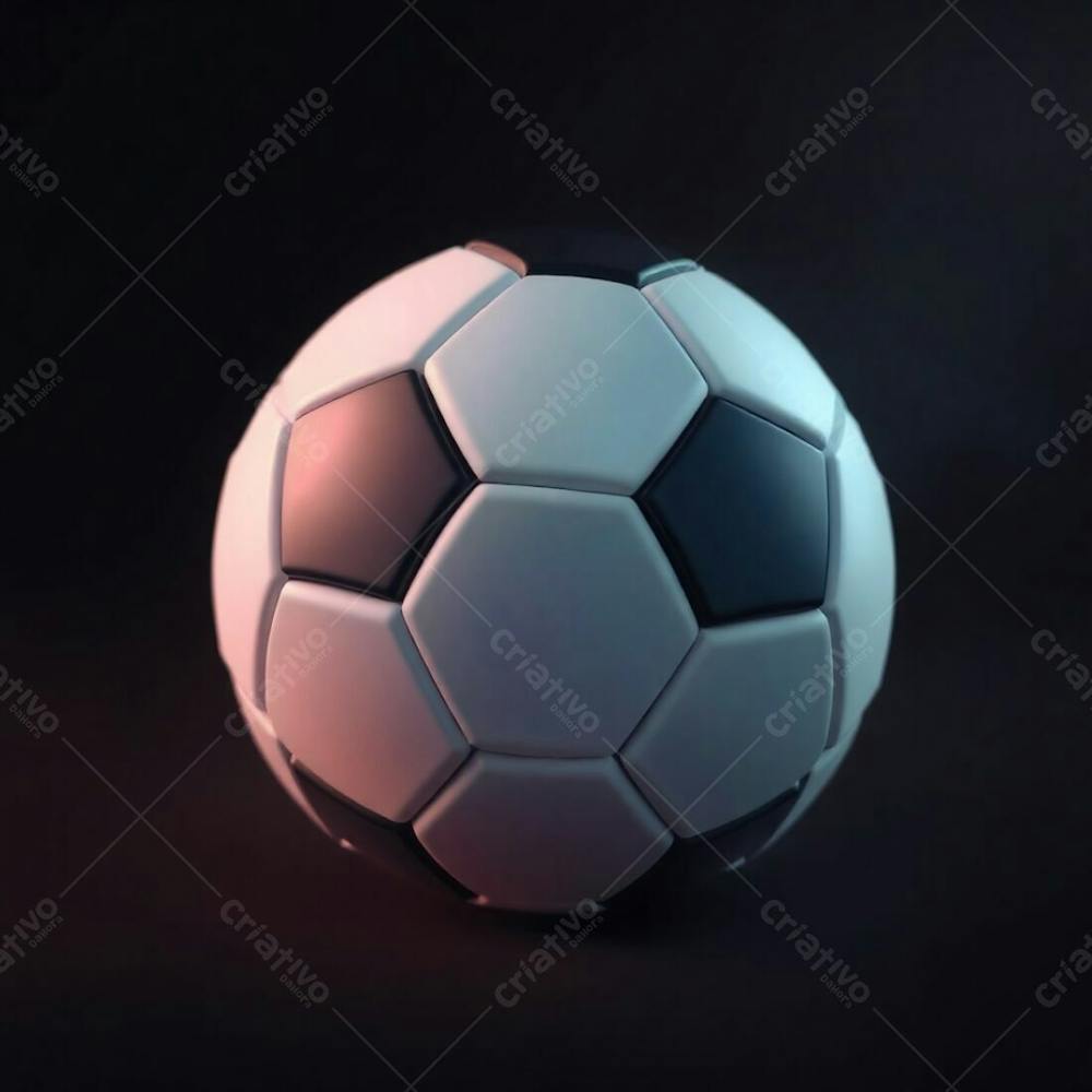 High Resolution Stock Photo Of A 3D Rendered, Ultrarealistic Soccer Ball Against A Black Background. Soft Cinematic Haze, Pastel Colors, Gentle And Soothing Aesthetic. Soft Focus, Hazy Background, Graceful And Elegan