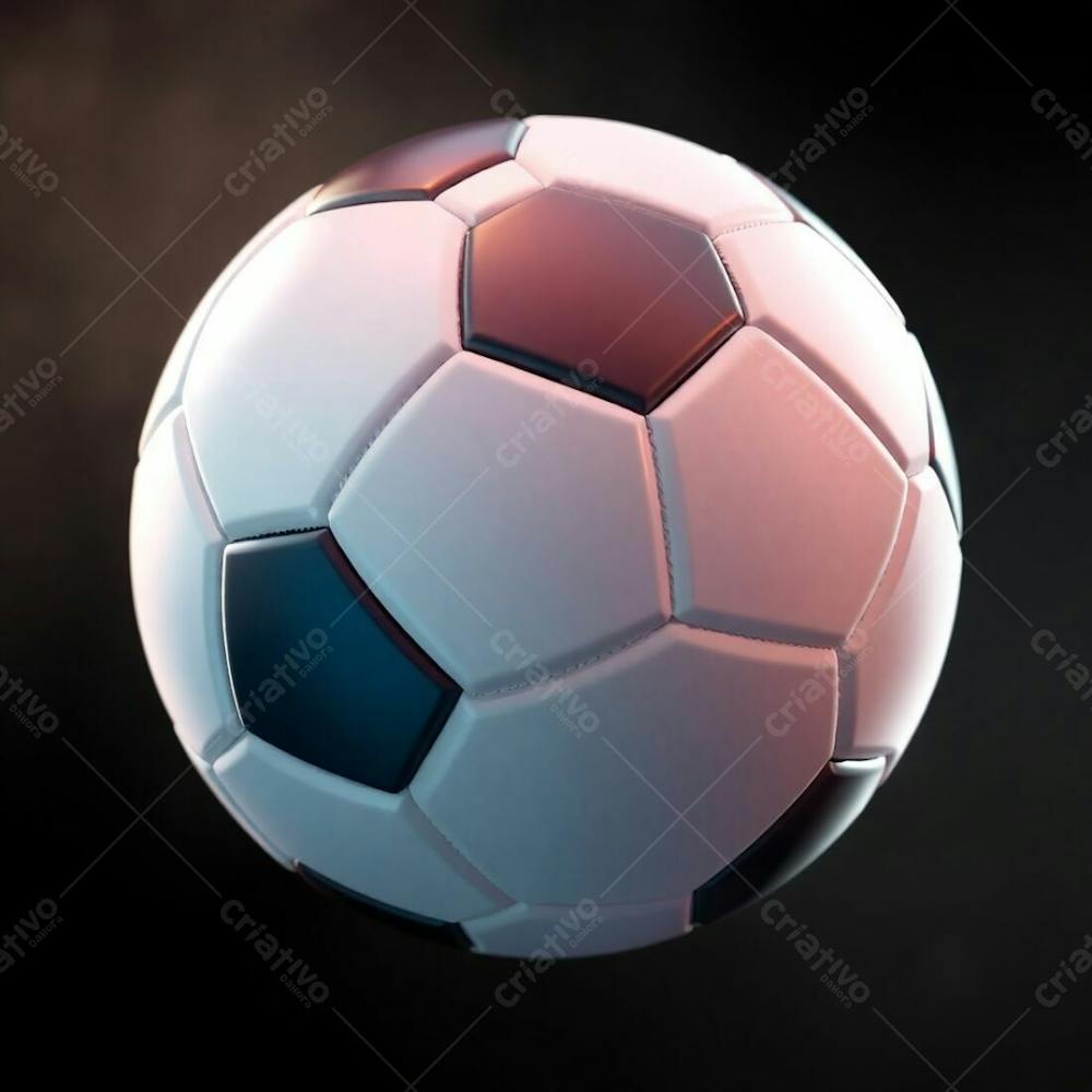 High Resolution Stock Photo Of A 3D Rendered, Ultrarealistic Soccer Ball Against A Pure Black Background. Soft Cinematic Haze With Pastel Colors, Gentle And Soothing Aesthetic, Soft Focus, Hazy Background. The Ball