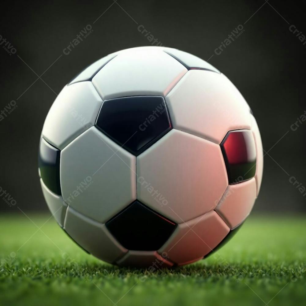 High Resolution Stock Photo Of A 3D Rendered, Ultrarealistic Soccer Ball Against A Pure Black Background. Soft Cinematic Haze With Pastel Colors, Gentle And Soothing Aesthetic, Soft Focus, Hazy Background. The Ball