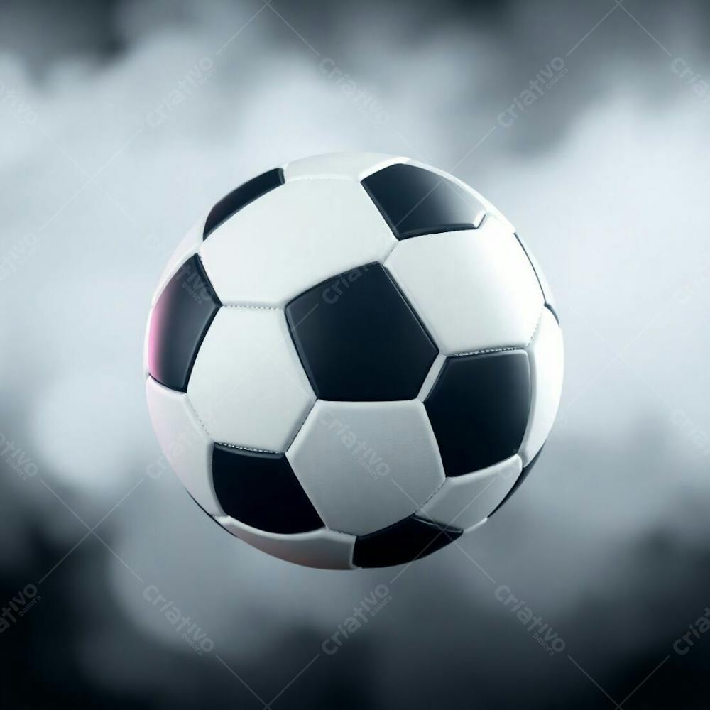 High Resolution Stock Photo Of A 3D Rendered, Ultrarealistic Soccer Ball Against A Pure Black Background. Soft Cinematic Haze With Pastel Colors, Gentle And Soothing, Soft Focus, Hazy Background. The Image Is Gracef