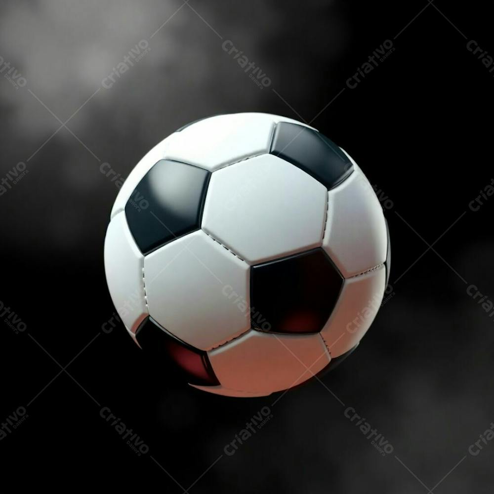 High Resolution Stock Photo Of A 3D Rendered, Ultrarealistic Soccer Ball Against A Pure Black Background. Soft Cinematic Haze With Pastel Colors, Gentle And Soothing, Soft Focus, Hazy Background. The Image Is Gracef