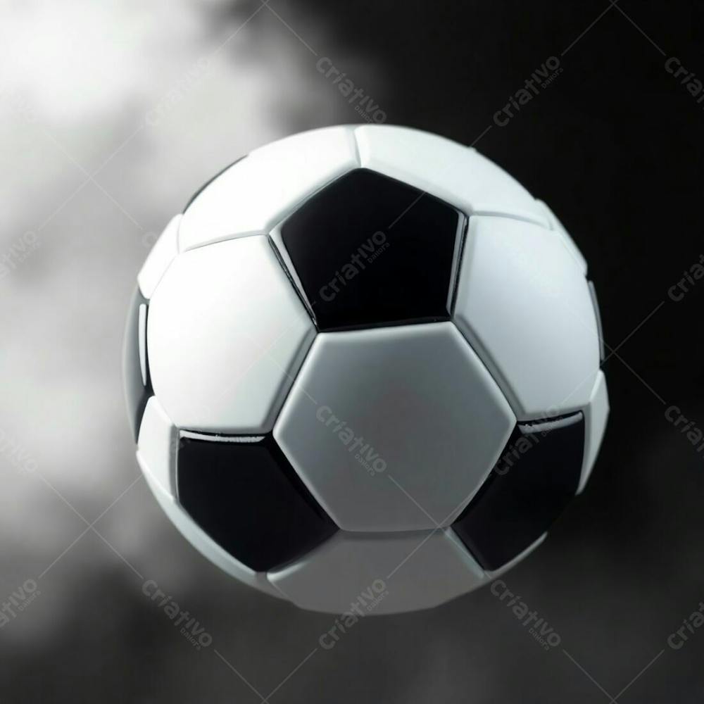 High Resolution Stock Photo Of A 3D Rendered, Ultrarealistic Soccer Ball Against A Pure Black Background. Soft Cinematic Haze With Soft Pastel Colors, Gentle And Soothing, Soft Focus, Hazy Background. The Ball Exhib