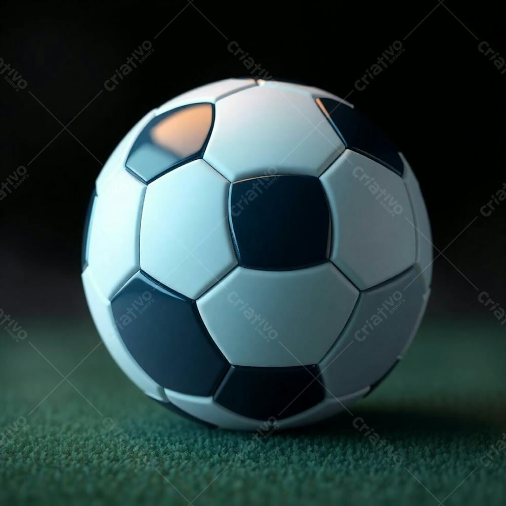 High Resolution Stock Photo Of A 3D Rendered, Ultrarealistic Soccer Ball Against A Pure Black Background. Soft Cinematic Haze With Soft Pastel Colors, Gentle And Soothing, Soft Focus, Hazy Background. The Ball Exhib