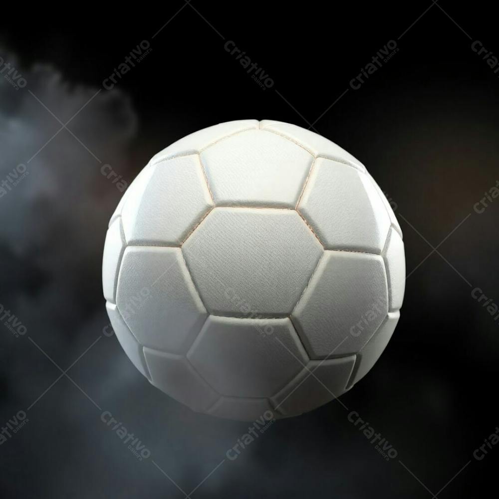 High Resolution Stock Photo Of A 3D Rendered, Ultrarealistic Soccer Ball Against A Pure Black Background. Soft Cinematic Haze With Soft Pastel Colors, Gentle And Soothing, Soft Focus, Hazy Background. The Ball Exhib