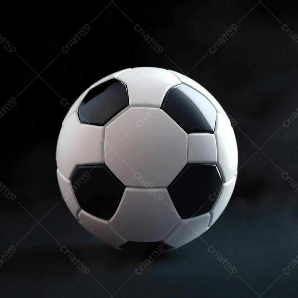 High Resolution Stock Photo Of A 3D Rendered, Ultrarealistic Soccer Ball Against A Pure Black Background. Soft Cinematic Haze With Soft Pastel Colors, Gentle And Soothing, Soft Focus, Hazy Background. The Ball Exhibits