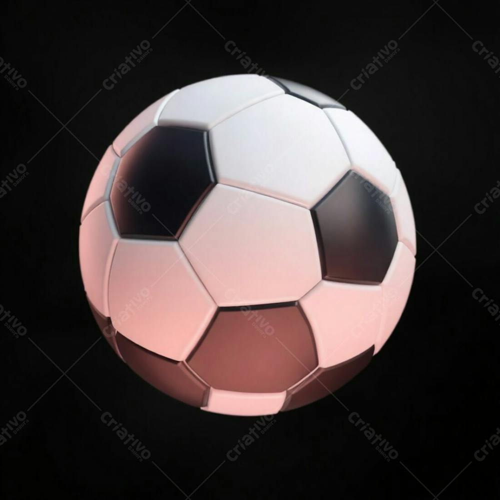 High Resolution Stock Photo Of A 3D Rendered, Ultrarealistic Soccer Ball Against A Pure Black Background. Soft Cinematic Haze, Pastel Colors, Gentle And Soothing Aesthetic, Soft Focus, Hazy Background. The Image Is