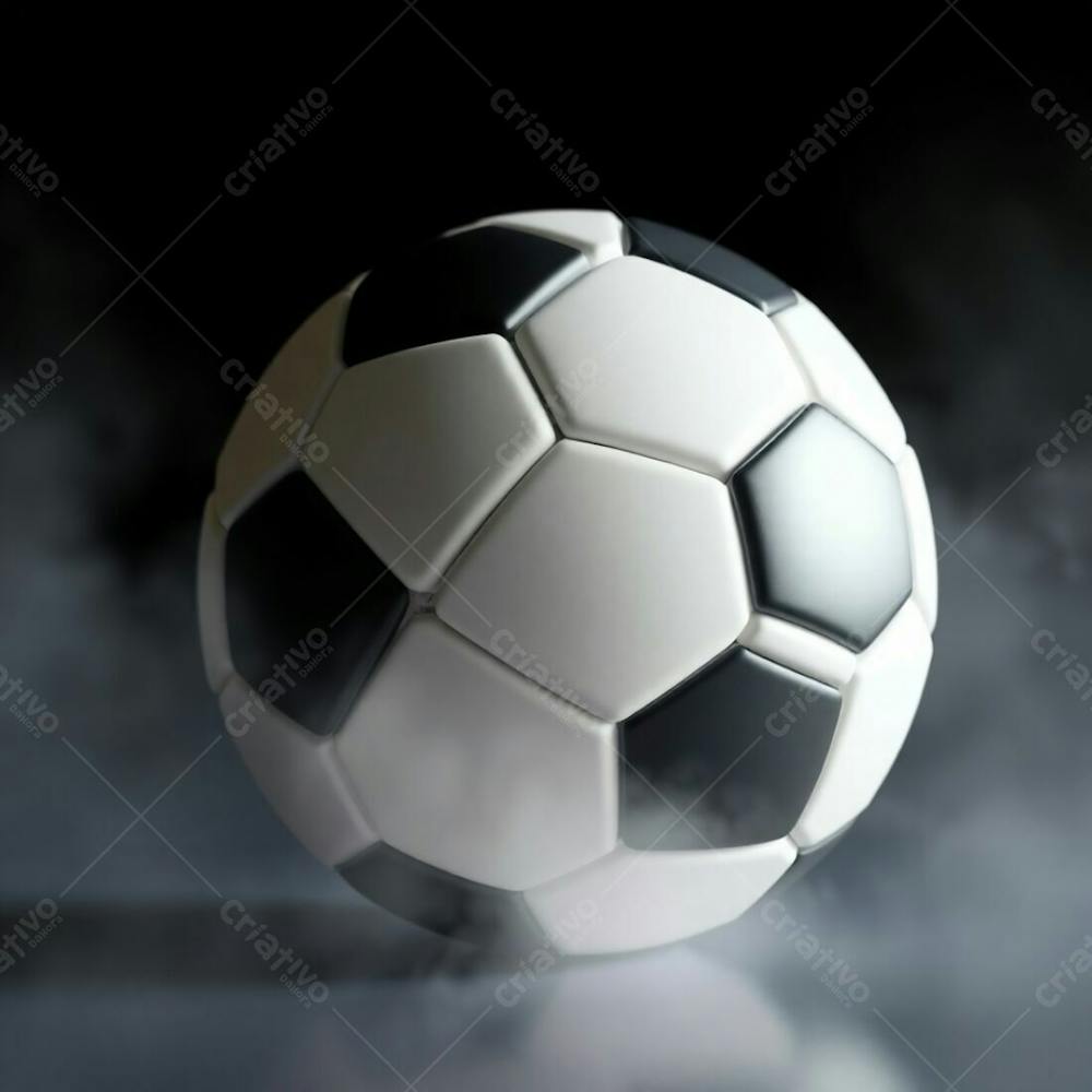 High Resolution Stock Photo Of A 3D Rendered, Ultrarealistic Soccer Ball Against A Pure Black Background. Soft Cinematic Haze, Pastel Colors, Gentle And Soothing Aesthetic, Soft Focus, Hazy Background. The Image Is