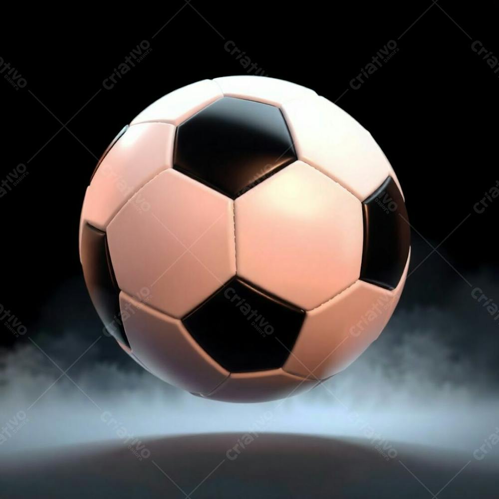 High Resolution Stock Photo Of A 3D Rendered, Ultrarealistic Soccer Ball Against A Pure Black Background. Soft Cinematic Haze, Pastel Colors, Gentle And Soothing Aesthetic, Soft Focus, Hazy Background. The Image Is